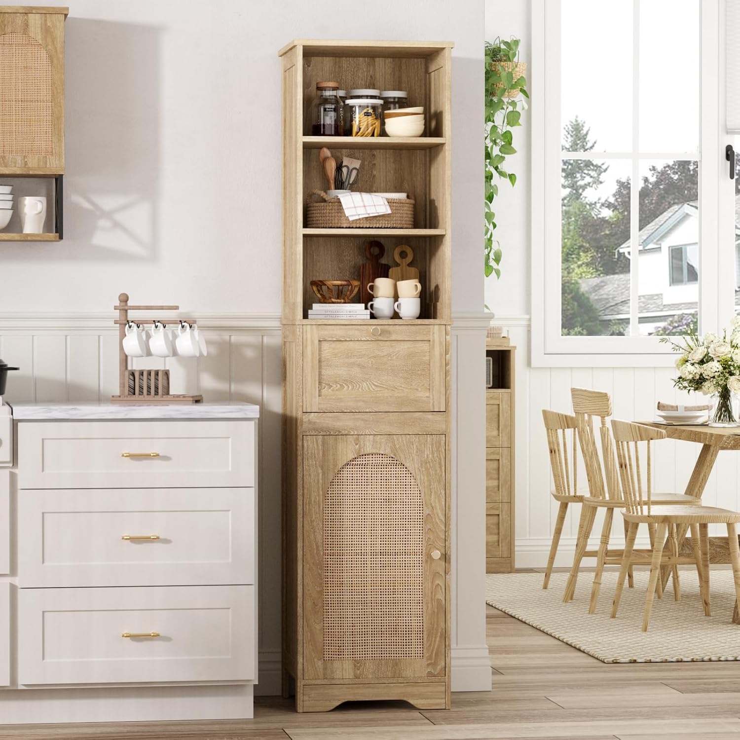 Linen Bathroom Storage Cabinet with Rattan Doors and Drawer K20674