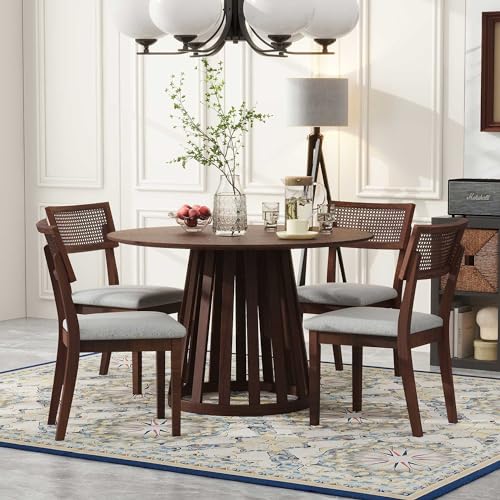 47.2'' Round Dining Table Set for 4 6 Wood Dining Room Table and 4 Upholstered Chairs 5-Piece Kitchen Table Leisure Coffee Table with Rattan Backrests Chairs, Walnut