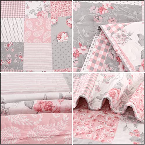 Pink Plaid Patchwork Quilt Set with Reversible Floral Design R1794
