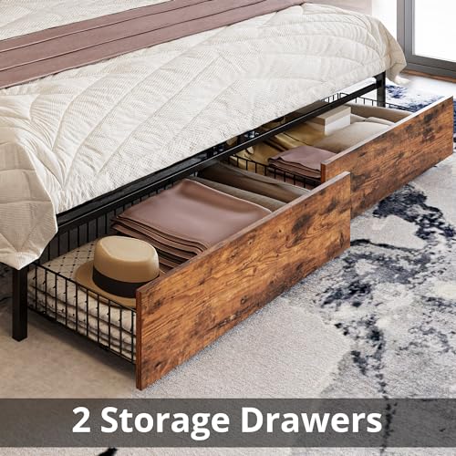 Full Size Bed Frame with Storage Headboard and Drawers, No Box Spring Needed C521