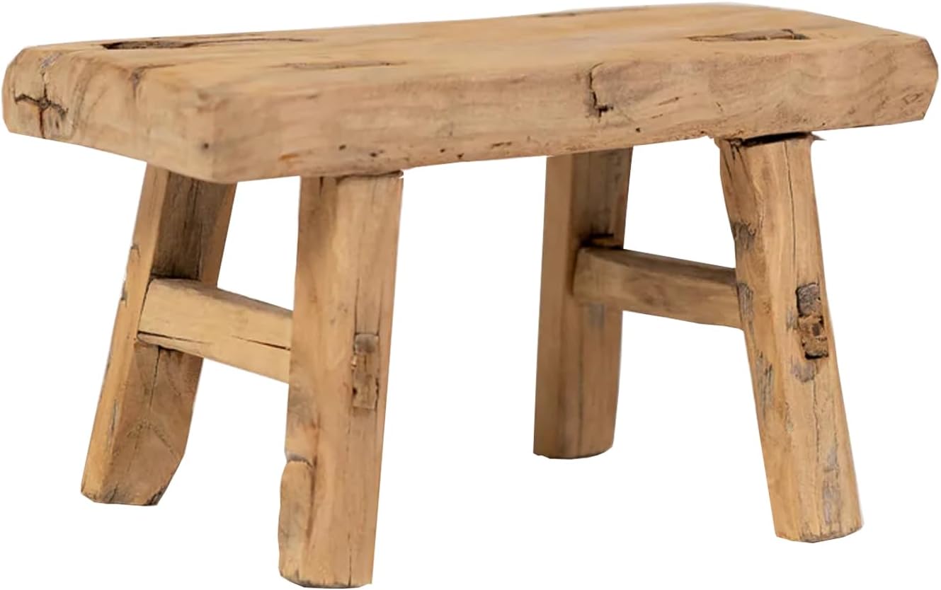 Elm Wood Stool, Antique Handmade Wooden Stool - Natural Plant Stand for Garden - Handcrafted Wooden Footstool - Vintage Step Stool - Mini Stool Perfect Display for Living Room, Risers, And Shelf Decor