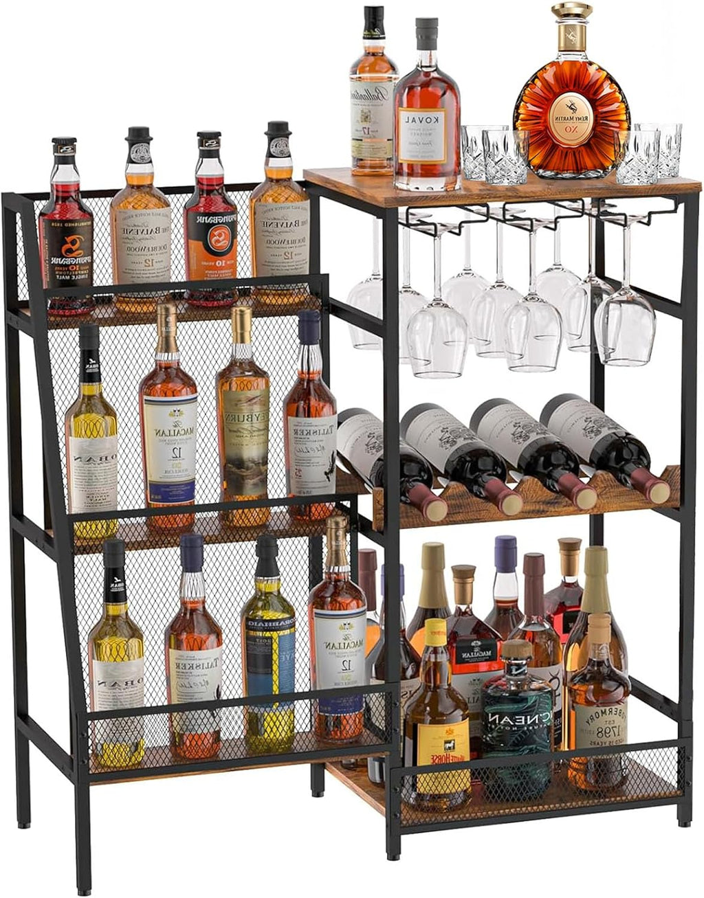 Mini Bars for Home, Free Standing Floor Liquor Cabinet, Liquor Stand for Home Bar with Glass Bottle Holder, 3-Tier Stepped Liquor Bottle Display Shelf for Bar Kitchen Dining, Rustic Brown