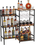 Mini Bars for Home, Free Standing Floor Liquor Cabinet, Liquor Stand for Home Bar with Glass Bottle Holder, 3-Tier Stepped Liquor Bottle Display Shelf for Bar Kitchen Dining, Rustic Brown