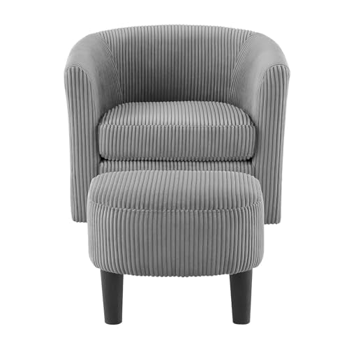 Corduroy Barrel Accent Chair with Ottoman, 360° Swivel, Grey K2375