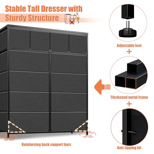 12 Drawer Fabric Storage Tower with Metal Frame, Light Grey E427218