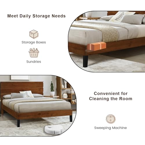 Solid Wood Bed Frame Queen Size Platform Bed with Headboard, Brown L841030