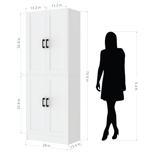 Black Kitchen Pantry Cabinet, 71" Tall with Doors, Freestanding Wooden Storage J699