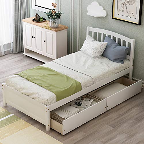 Twin Platform Bed with 2 Storage Drawers, Solid Wood Frame with Headboard H569756