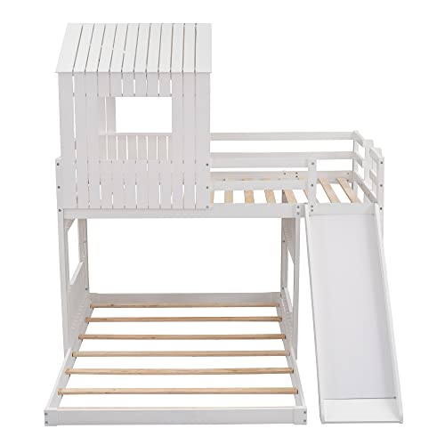 Twin Over Full Bunk Beds with Slide, Roof and Guard Rail, Wooden, White N48341