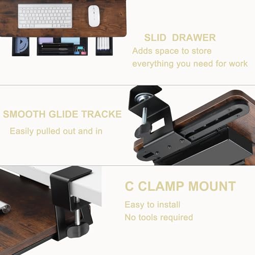Under Desk Keyboard Tray with Drawer, Height Adjustable, Mahogany X7920
