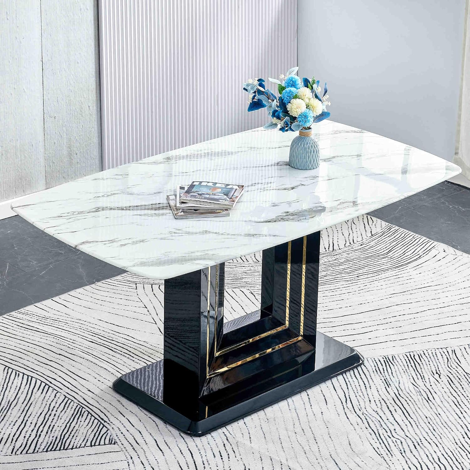 7-Piece Dining Table Set with 6 Soft Chairs, Faux Marble Top X4059