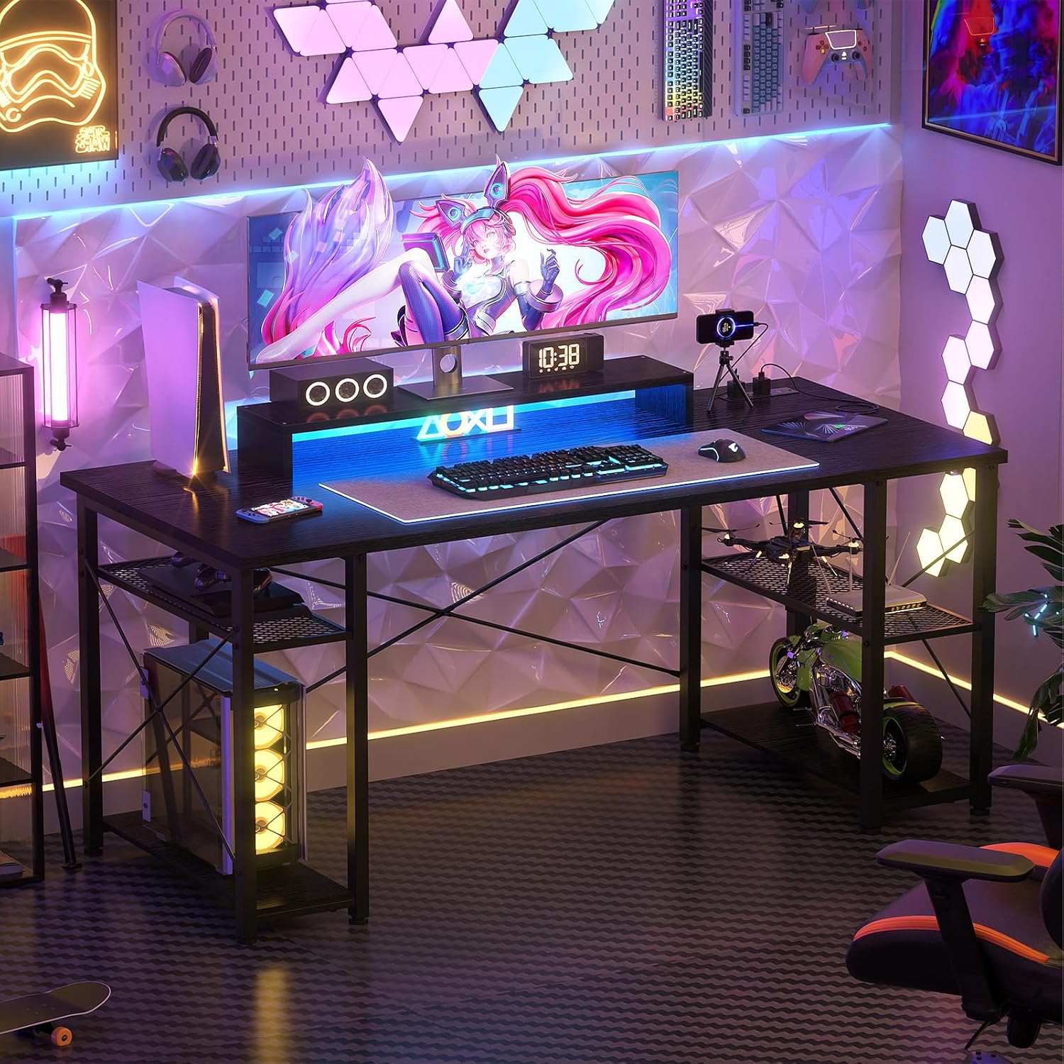 Gaming Desk with LED Lights and Power Outlet H920899