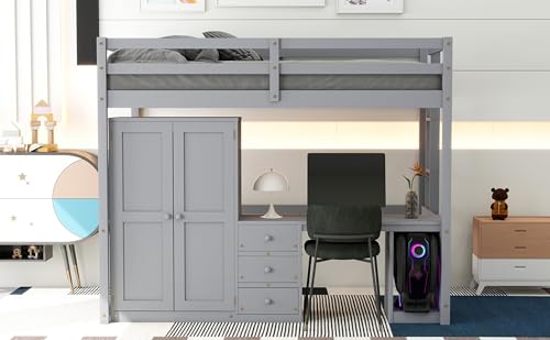 Full Size Loft Bed with Wardrobe, Desk, Storage Drawers, Large Storage Space, Space-Saving Design, Solid Pine Wood, MDF Build, Modern Design, Noise-Free, Safety Features, Ideal for Kids, Gray