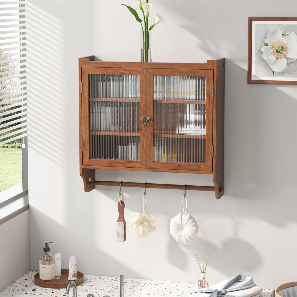 Wood Wall Cabinet with Glass Doors and Detachable Shelves B7751