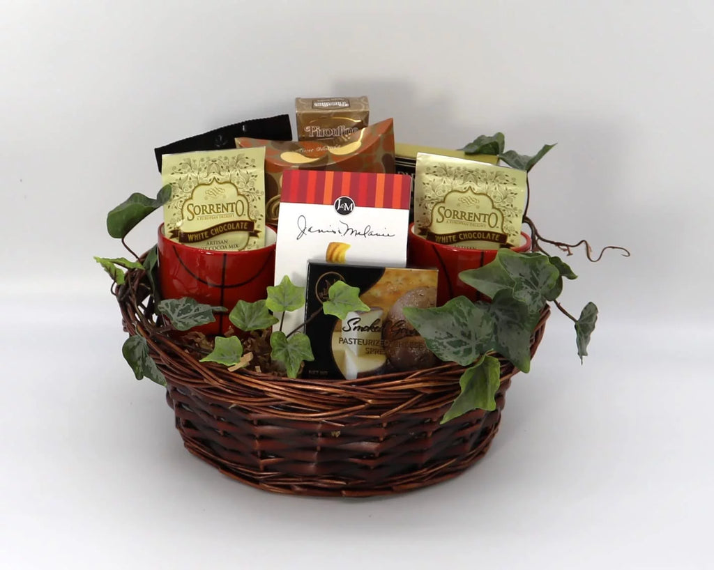 Basketball Themed Gift Basket with Coffee Mugs, Cheese Spreads, Crackers and Cookies U1920