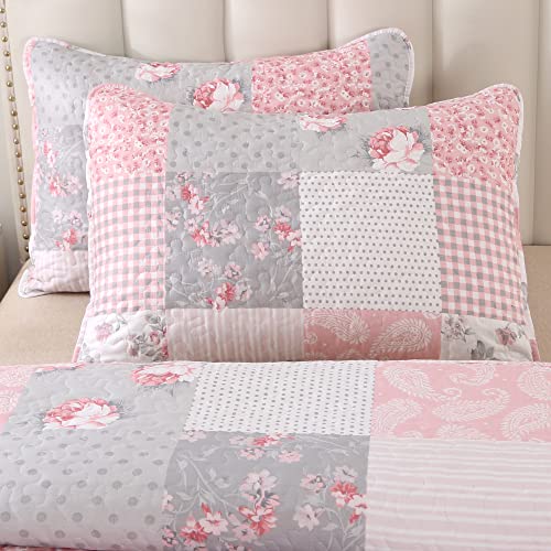 Pink Plaid Patchwork Quilt Set with Reversible Floral Design R1794
