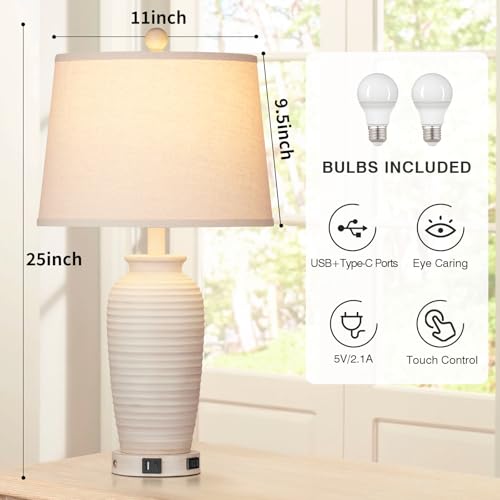Rustic Bedside Table Lamps Set of 2, Touch Control with USB & AC Outlet V3485