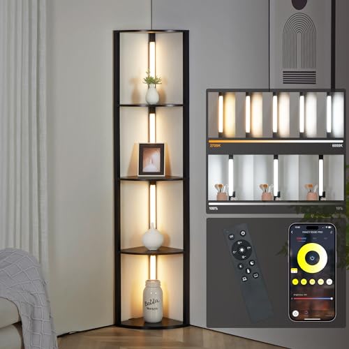 FENLO Fancy - LED Display Shelf with Dimmable Lights, LED Shelf Floor Lamps for Living Room, Sturdy Corner Shelf Curio Cabinet Display, Tall Floor Lamps with Shelves