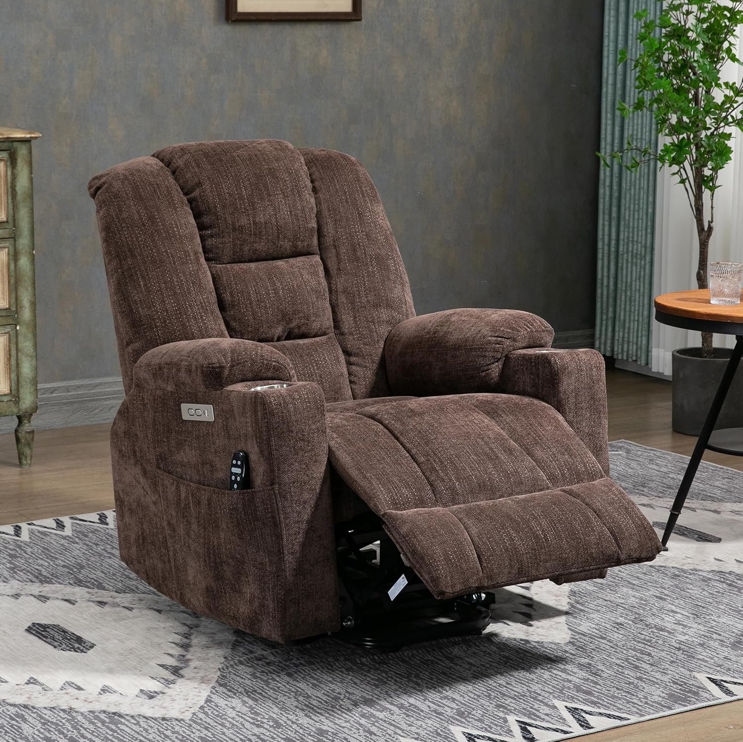 Large Power Massage and Heat for Elderly, Overstuffed Wide, Heavy Duty Motion Mechanism with USB and Type C Ports Lift Recliner Chair, Brown