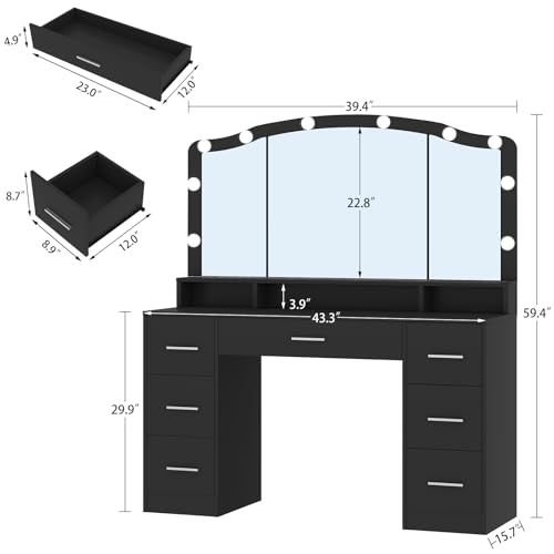 Vanity Desk with Lighted Mirror, 7 Drawers, 3 Lighting Colors, White X572