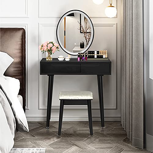 AUGESTER Vanity Set w/Screen Touch Mirror, Makeup Dressing Table w/ 3 Modes Adjustable Brightness Mirror, Cushioned Stool, 2 Sliding Drawers w/Divider, Modern Bedroom Vanity for Girls Women (White)