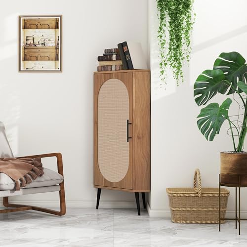 Boho Corner Storage Cabinet,Freestanding Bookcase with Rattan Doors & Adjustable Shelves, Corner Shelf Stand for Living Room, Bathroom, Bedroom,Natural