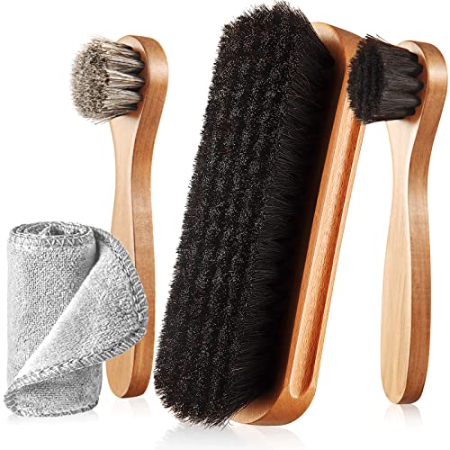 4 Pcs Horsehair Shine Shoes Brush Kit Polish Dauber Applicators Cleaning Leather Shoes Boots Care Brushes Suede Cleaner Brush with Microfiber Shoe Cloth(4 Pcs Style A)