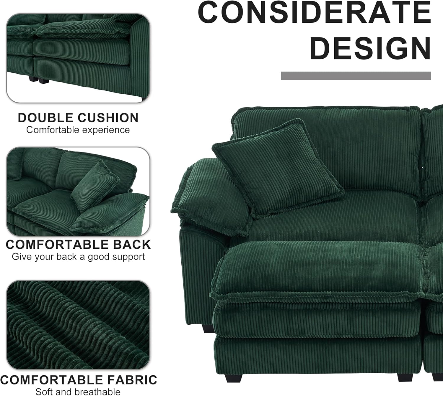 Oversized Convertible Sleeper Sofa with Ottoman & Pillows, Deep Seat Chaise Lounge, Green C787001