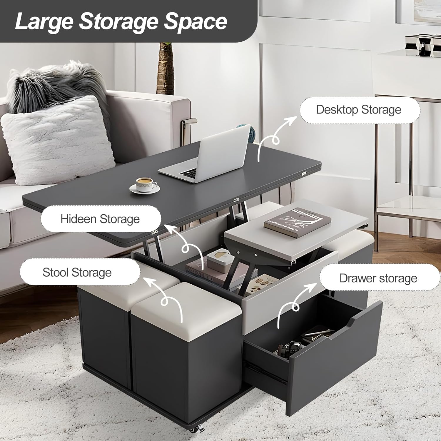 Lift Top Coffee Table, 3-in-1 Adjustable with Storage and Wheels E4192