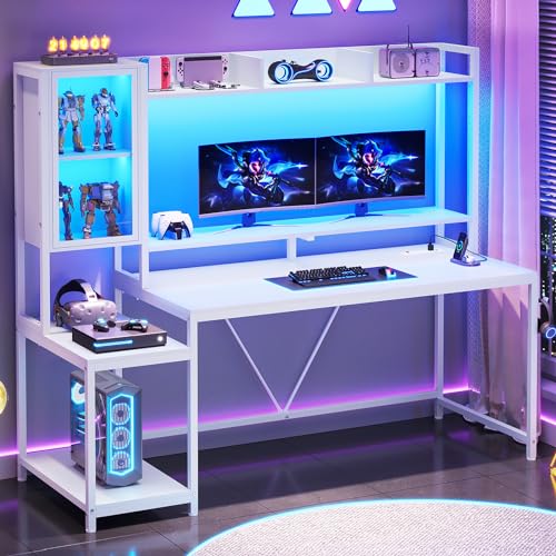 SEDETA Gaming Desk, 60'' Gaming Desk with Hutch and LED Lights, Computer Desk with Storage Shelves, Large PC Gamer Desk with Display Cabinet, Monitor Stand, Power Outlet for Home Office, Rustic Brown
