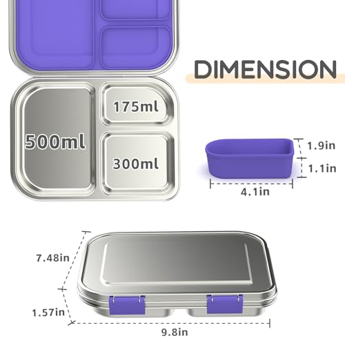 Stainless Steel Kids Bento Lunch Box, 3 Compartments, BPA-Free, Blue B157