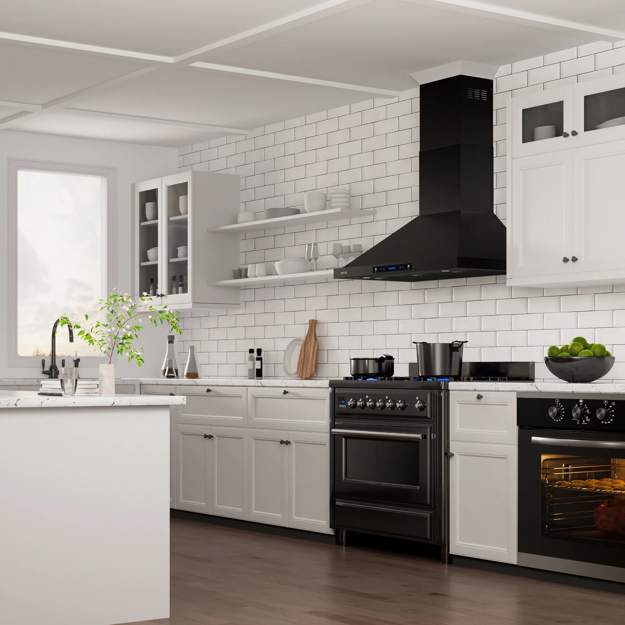 30 inch Black Wall Mount Range Hood, 900 CFM Ducted/Ductless Stainless Steel Vent Hood with Touch Control R7436