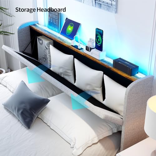 Queen Bed Frame with Storage Headboard and 4 Drawers, LED Upholstered, No Box Spring Needed O38039
