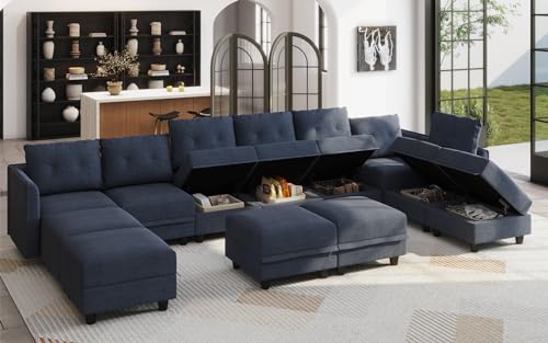 Modular Sectional Sofa with Chaise, 8 Seater Reversible L Shaped Couch, Denim Blue H471