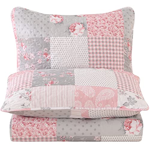 Pink Plaid Patchwork Quilt Set with Reversible Floral Design R1794
