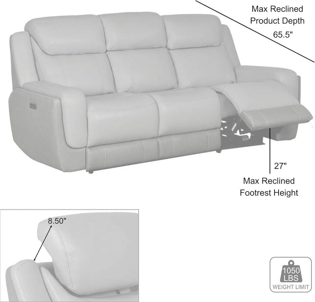 Modern Zero Gravity Power Reclining Sofa with Dropdown Console, 87" Wide, Silver and Gray Leather H4266