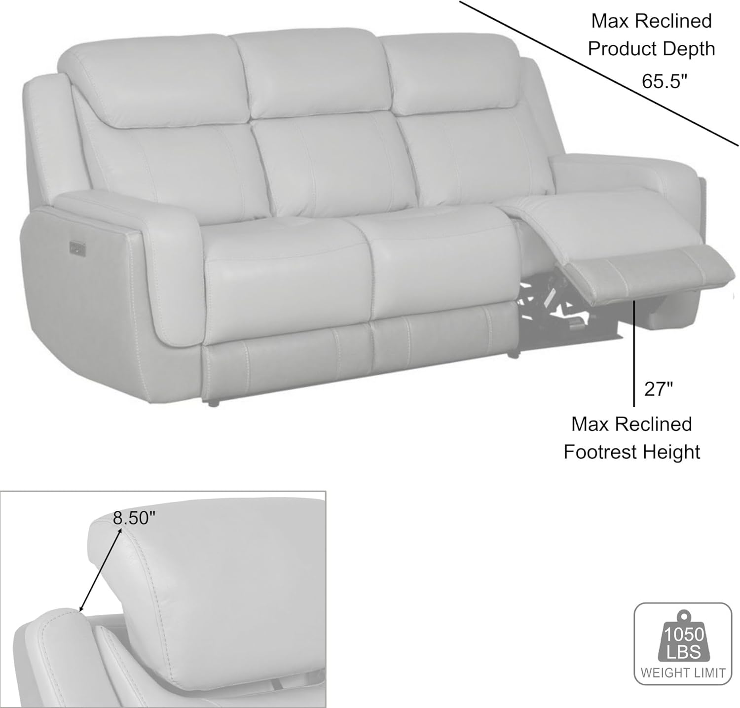 Modern Zero Gravity Power Reclining Sofa with Dropdown Console, 87" Wide, Silver and Gray Leather H4266