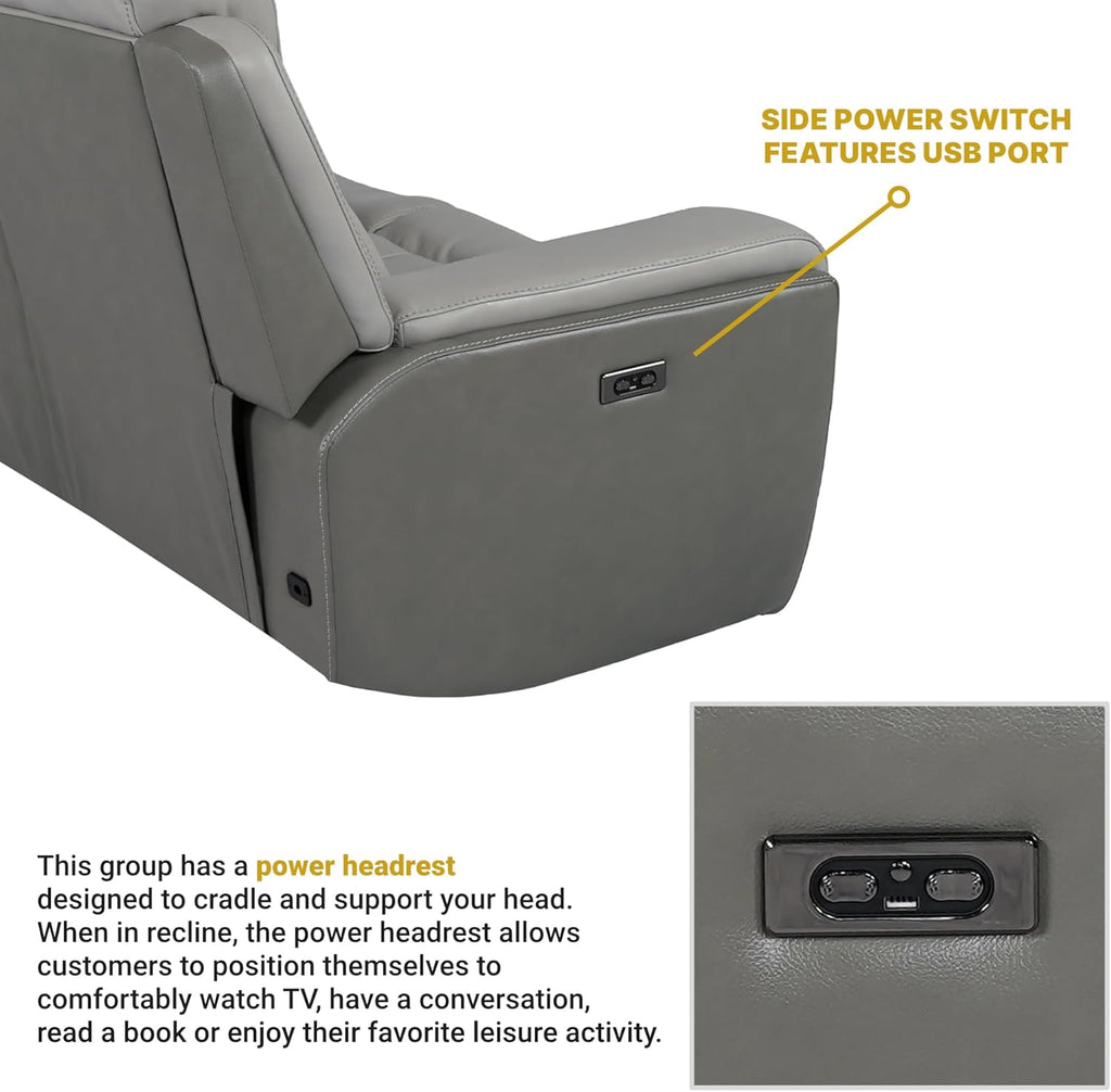Modern Zero Gravity Power Reclining Sofa with Dropdown Console, 87" Wide, Silver and Gray Leather H4266