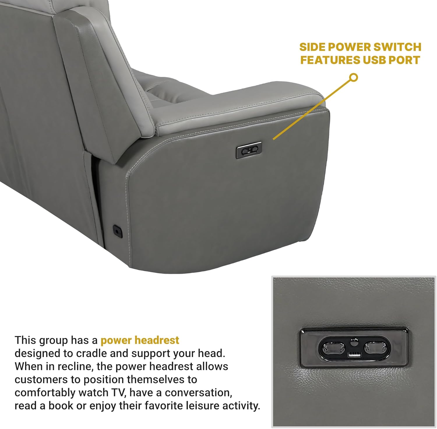 Modern Zero Gravity Power Reclining Sofa with Dropdown Console, 87" Wide, Silver and Gray Leather H4266