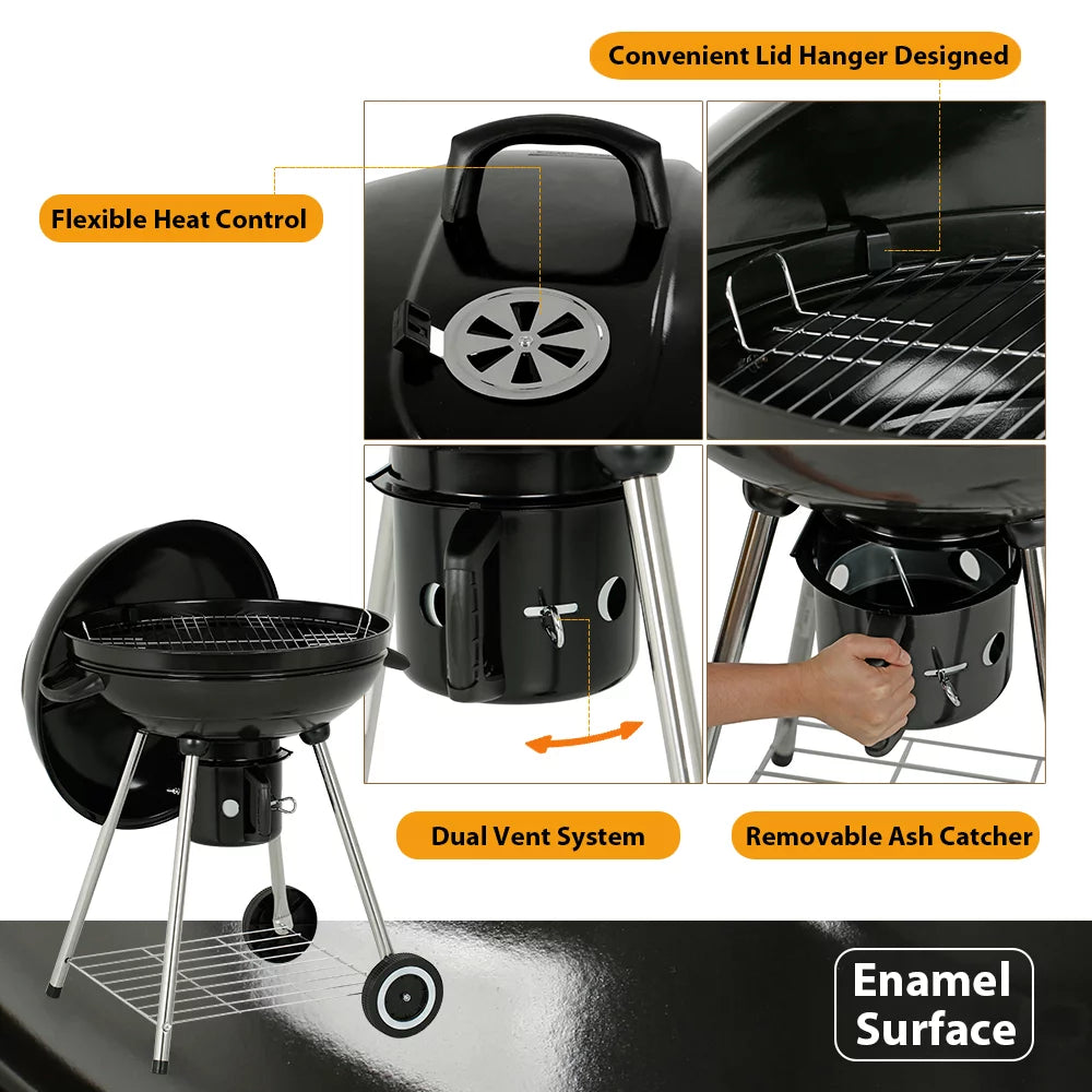 22" Round Portable Charcoal Kettle Grill with 2 Wheels, Black N78983