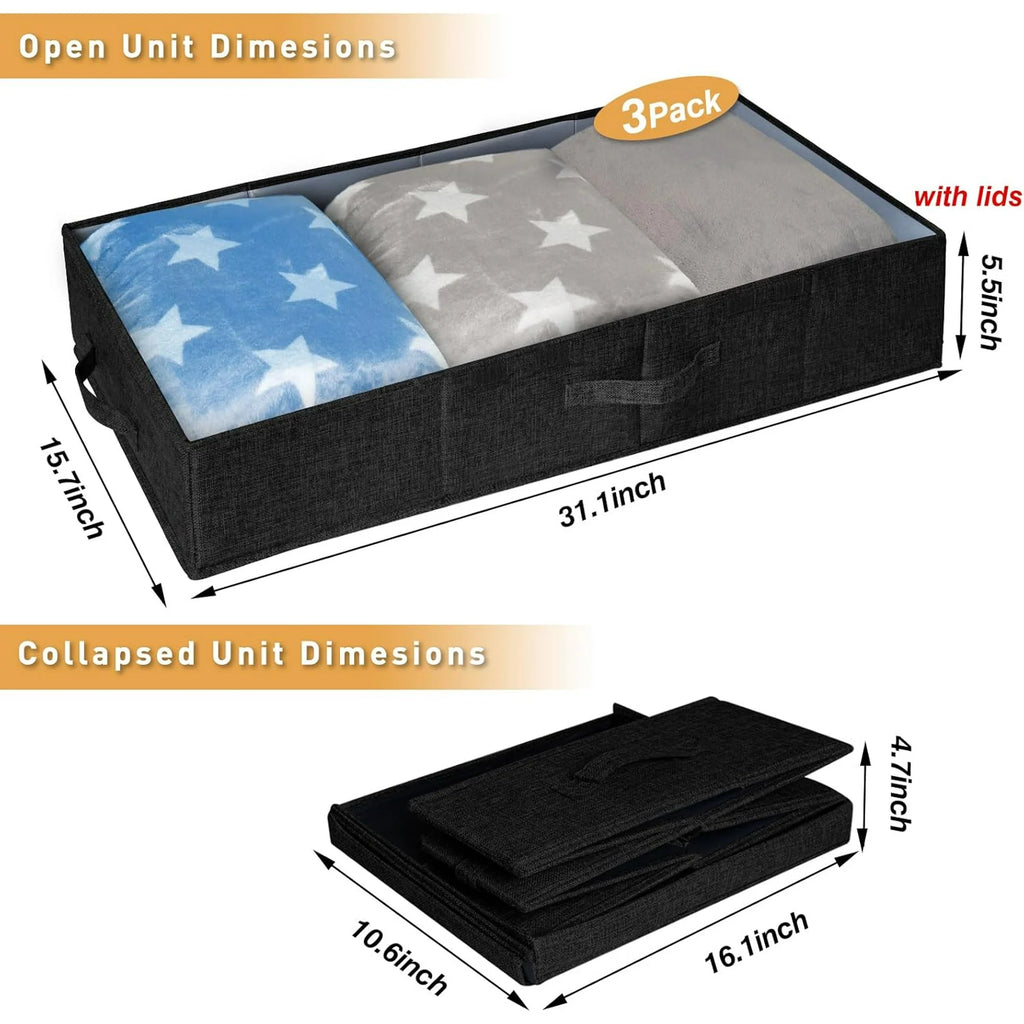 Under Bed Storage Containers 3 Pack, Stackable Bins with Handles, Black S175