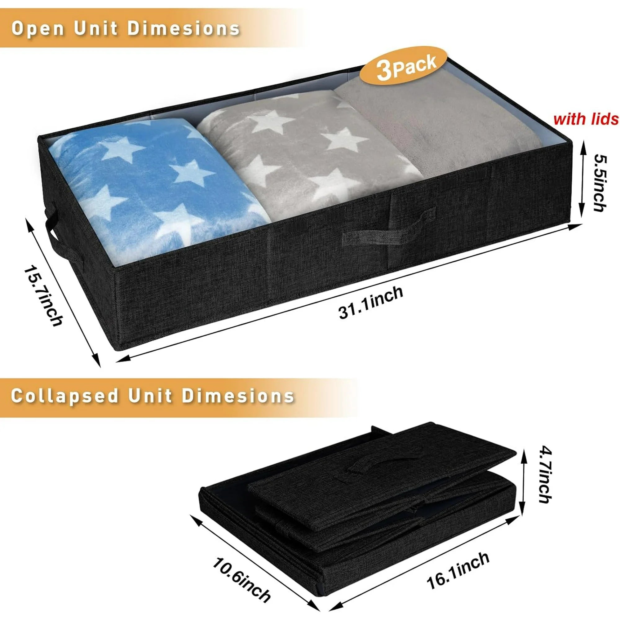 Under Bed Storage Containers 3 Pack, Stackable Bins with Handles, Black S175