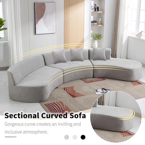 Curved Chenille Sectional Sofa with Three Throw Pillows, Grey I1781