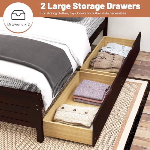 Twin Size Bed Frame with 2 Drawers and Solid Wood Headboard T9379
