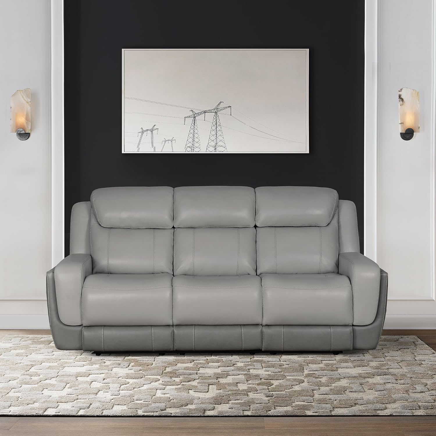 Modern Zero Gravity Power Reclining Sofa with Dropdown Console, 87" Wide, Silver and Gray Leather H4266