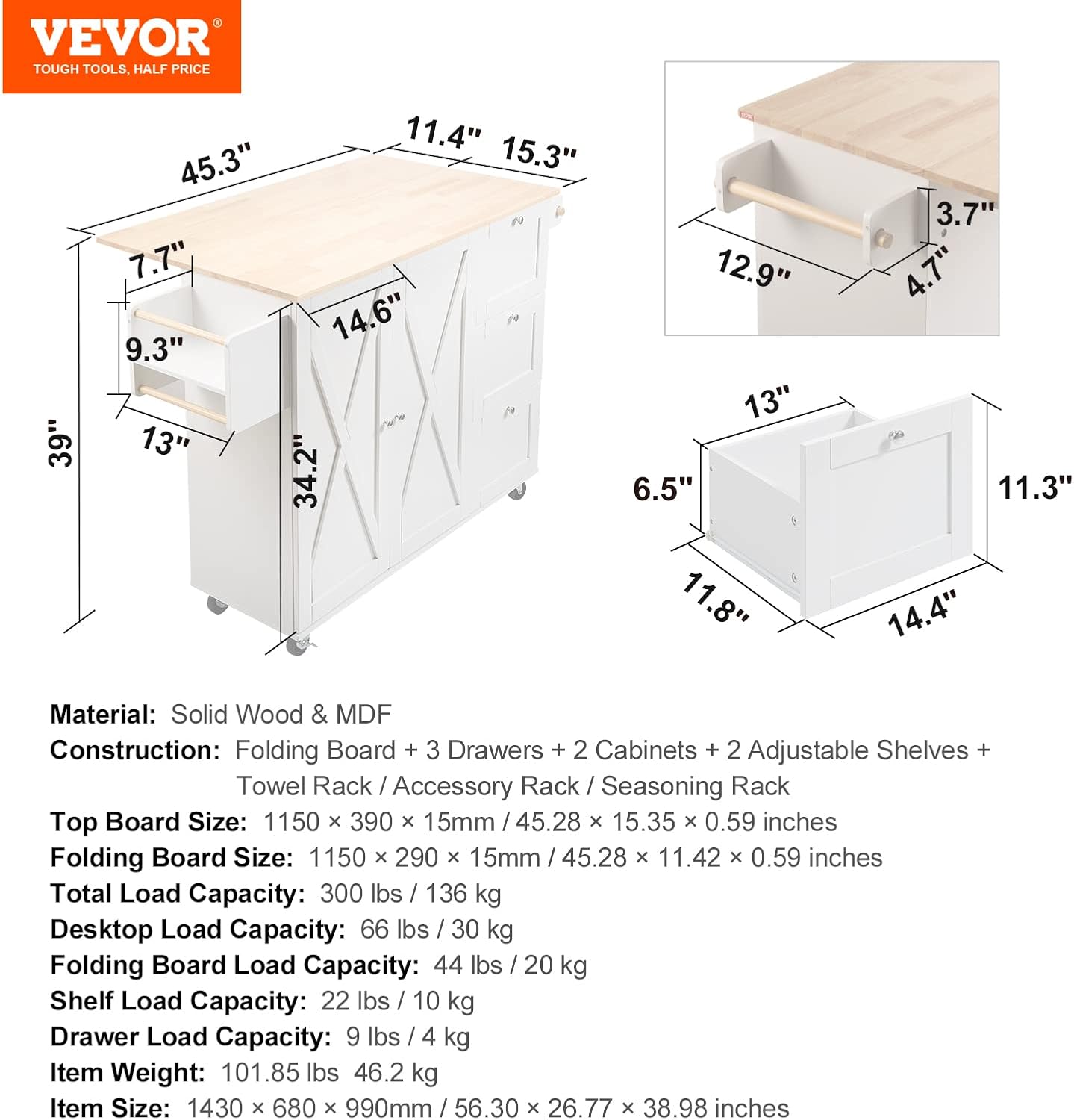 Kitchen Island Cart with Solid Wood Top, Rolling Storage Cabinet, White F7036