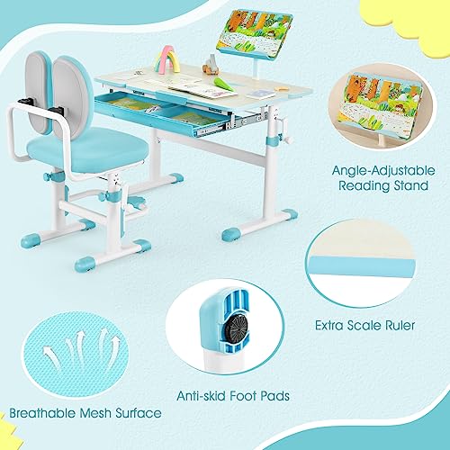 Kids Desk and Chair Set, Height-Adjustable Study Desk with Tiltable Desktop, Ergonomic Chair V578