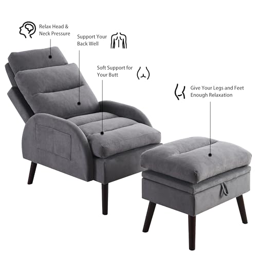 Velvet Lounge Chair with Ottoman and Adjustable Backrest, Beige V54243