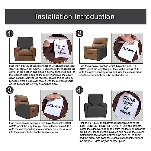 Recliner Slipcover 4-Piece Set with Side Pocket, Anti-Slip Elastic Furniture Protector U7173
