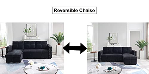 Black Sectional Sofa with Storage Chaise, L-Shaped Sleeper Sofa Bed L629